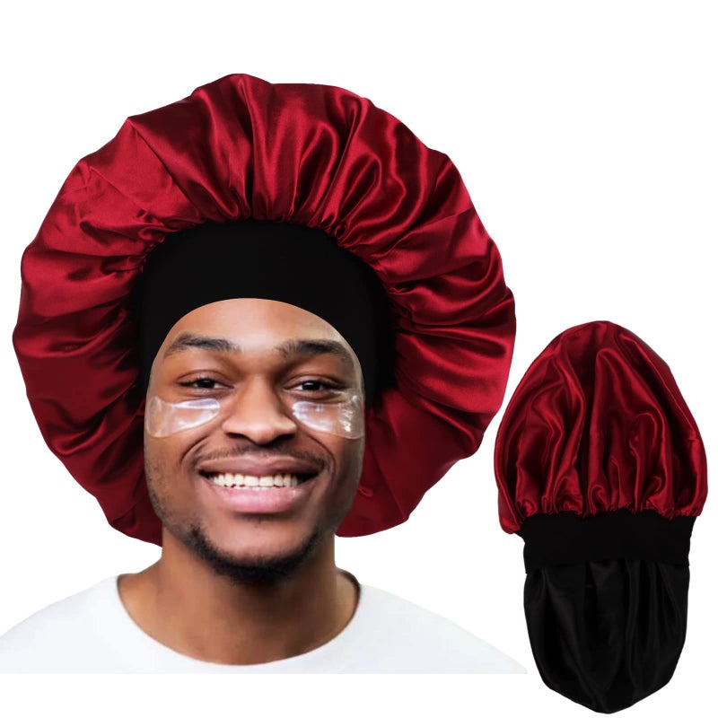 Himoswis Bonnet for Men Hair Bonnet for Sleeping Double Layer Satin Bonnets for Black Women Curly Hair Braids Reversible Sleep Cap (Large Black/Burgundy) - Image 1